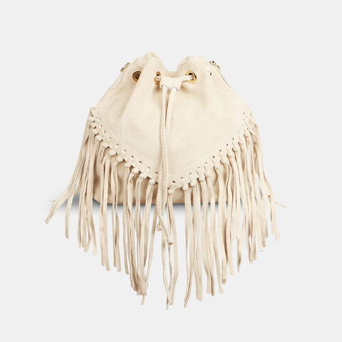 Bolso bucket para mujer en ante con flecos, Beige Bolso bucket para mujer en ante con flecos, Beige